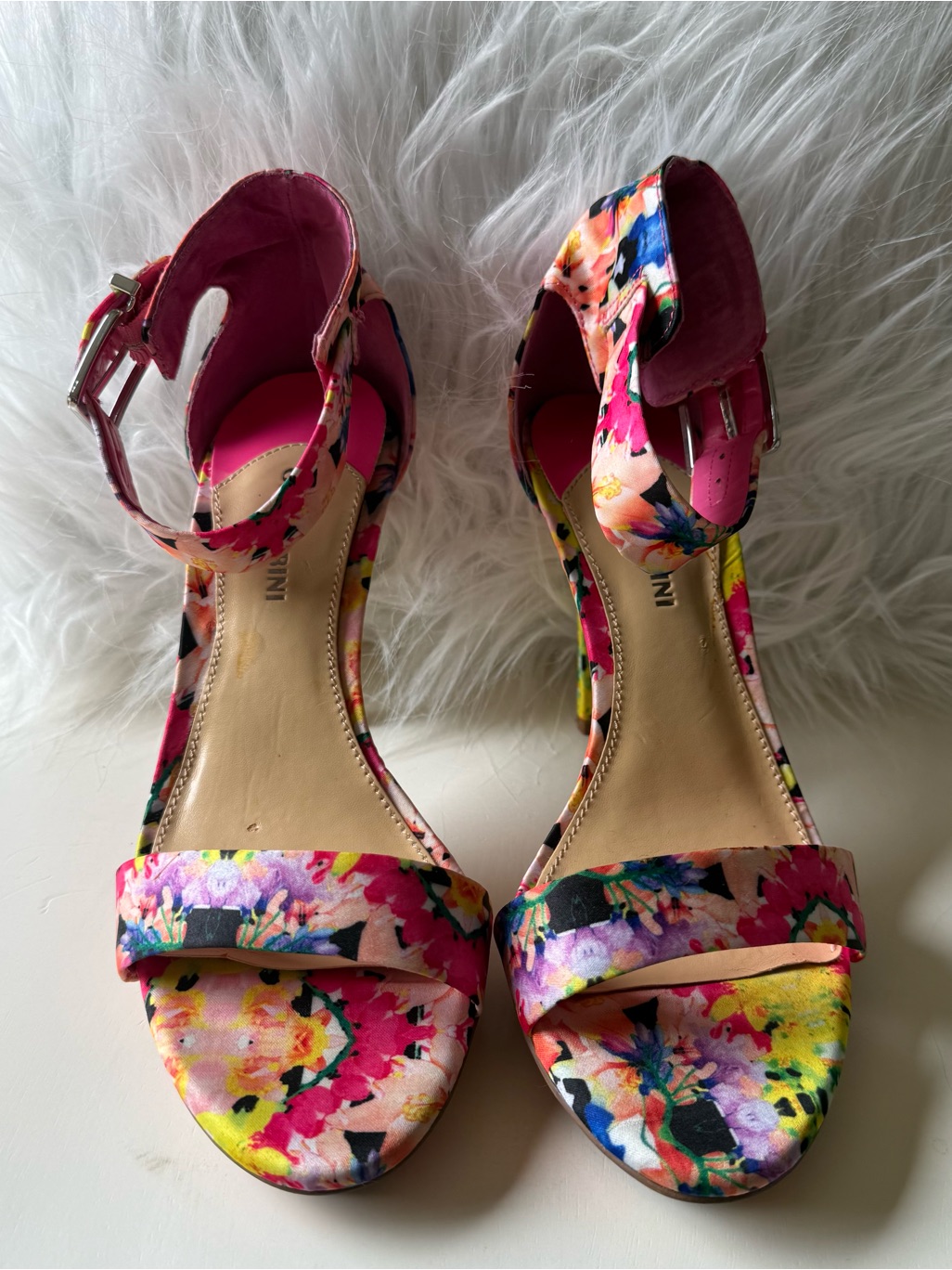Gianni Bini Leather Bright Multicolor Floral Open Toe Heels - 8.5m